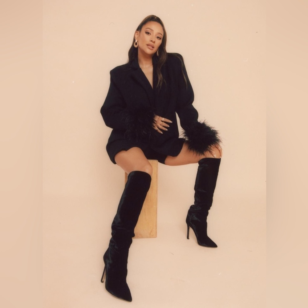House of CB Black Long Sleeve Feather Cuff Dress Blazer